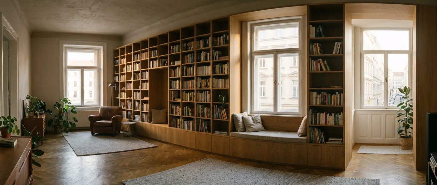 Eingebautes Bücherregal mit Fensterbank in einer Salzburger Altbauwohnung