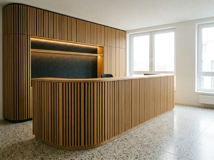 Empfangstheke aus Eiche mit Wandverkleidung aus Holzlamellen