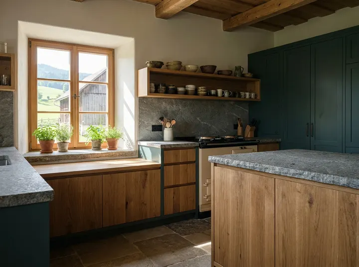 Küche nach Maß mit Eichenfronten und Steinarbeitsplatte in einem Bauernhaus