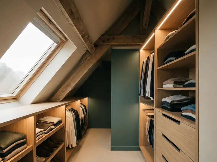 Begehbarer Kleiderschrank unter der Dachschräge mit sichtbaren Sparren