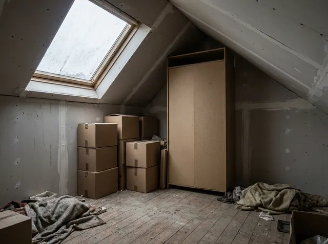 Dachzimmer mit ungenutzter Schräge und freistehendem Kastenschrank