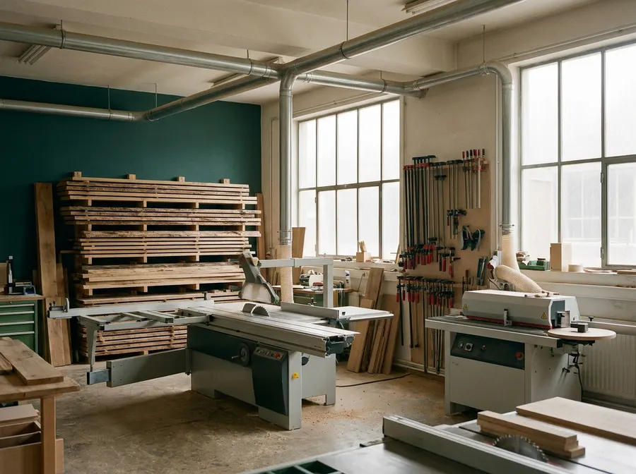 Werkstatt des Salzburger Holzwerks mit Formatkreissäge und Holzlager